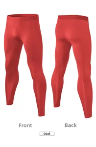 Front and back view of red compression fitness pants for men with quick-dry fabric