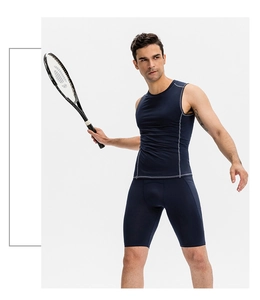 Mens compression sports shorts and navy tank top set with high elasticity for tennis