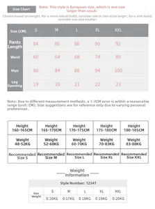Size chart for high waist yoga pants including length, waist, hip, and weight measurements