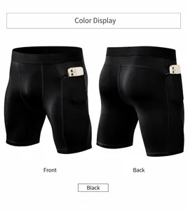 Vista frontal y trasera de shorts de compresión para hombre con bolsillos laterales