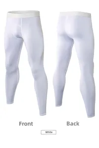Front and back views of white men's compression pants with high elastic waistband
