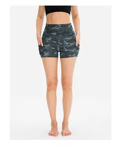 Close-up of high-waist dark grey camo sports shorts with functional side pockets