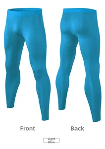 Front and back views of light blue quick-dry compression gym pants with panel construction
