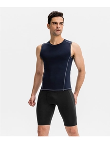 Detailed side view of navy athletic compression tank top with gray stitching and snug fit
