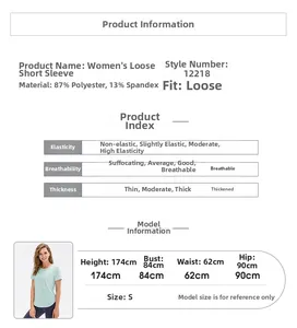 Détails du t-shirt de yoga ample avec composition 87% polyester et 13% élasthanne