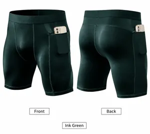 Pantalones cortos de compresión para hombre verde oscuro con bolsillos con cremallera