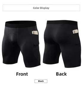 Detail showing front and back of black sports compression shorts with side phone pocket