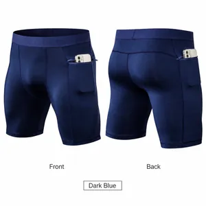 Pantalón corto de compresión azul oscuro para hombre con bolsillo lateral con cremallera
