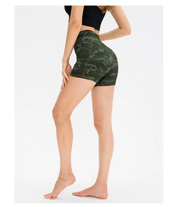 Detail view of high-waist camo yoga shorts with reinforced stitching and peach-lift fit