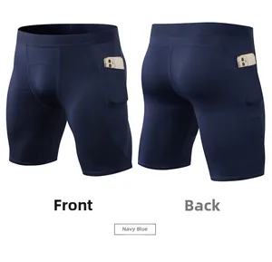 Navy blue compression shorts for men with deep side pockets for phone storage and elastic waist
