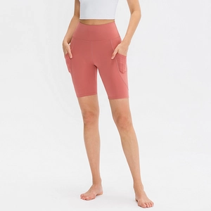 Pantaloncini da yoga fitness a vita alta con tasche laterali in rosa corallo per donna