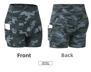 Front and back views of high waist camo yoga shorts with functional side phone pockets