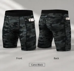 Detalle de pantalones cortos de compresión para hombre con bolsillo lateral con cremallera