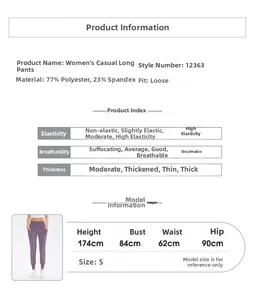 Größentabelle für hochdehnbare Yoga-Hosen mit Passform-Details und Maßtabelle