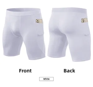Front and back views of white compression shorts showing side pocket for smartphone