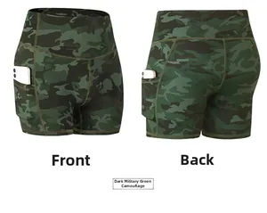 Front and back views of high waist camo running shorts with functional side pocket