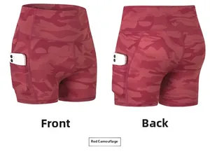 Detail view of red camo high waist fitness shorts with side pockets on white background