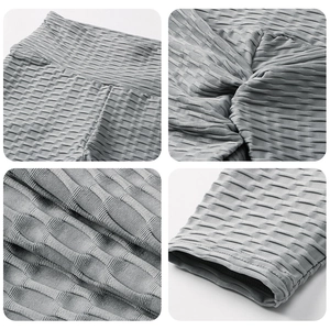 Grey high waist honeycomb textured yoga leggings with butt lifting design and wide waistband