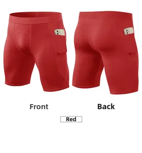 Men's compression sports shorts in red with functional side pockets for phone storage