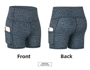 Dual view of high-waist leopard print shorts showing front, back and side pockets