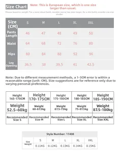 Size chart for men's sports shorts showing waist, hip, and length measurements in cm