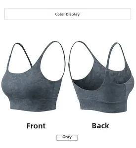 Vues avant et arrière du soutien-gorge de yoga imprimé marbre gris avec fines bretelles