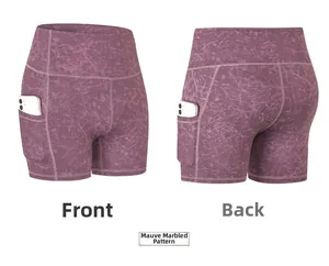 Detailed view of high-waisted fitness shorts in purple marl with functional side phone pockets