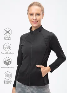 Women's black zip-up sports jacket detail with stand collar and functional pockets