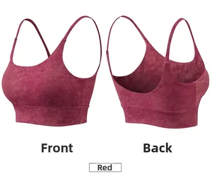 Vues avant et arrière du soutien-gorge de sport rouge marbré avec fines doubles bretelles