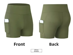Detail of olive green high-waist yoga shorts with side pockets for phone storage