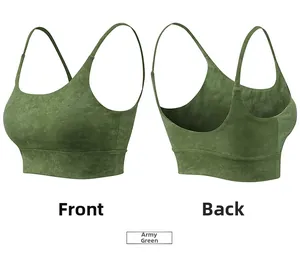 Vue avant et arrière de la brassière de sport vert armée en tissu brossé à fines bretelles