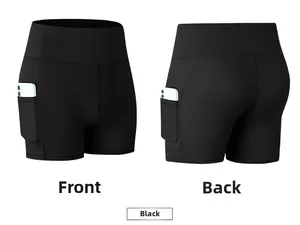 Detailed front and back view of black high waisted sports shorts with side pockets