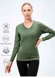 Detail view of avocado green long sleeve sports shirt with breathable stretch fabric