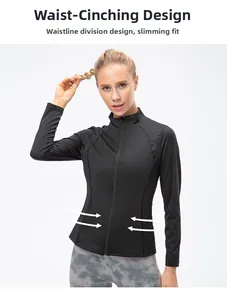 Detail view of slim-fit yoga jacket with curved waist seams and full zipper design