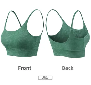 Détails avant et arrière de la brassière de sport vert feuille avec fines bretelles