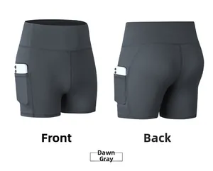 Front and back views of high-waisted gym shorts in Dawn Grey with a side phone pocket