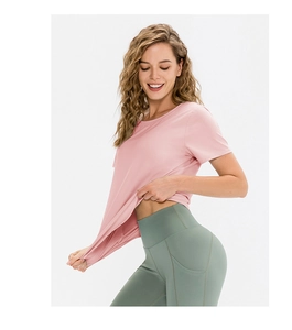 T-shirt de yoga rose élastique et legging taille haute gris-vert pour sport