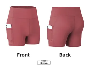 Front and back views of high waist yoga shorts with side pockets and red-brown finish