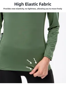 Close-up of high-elasticity fabric stretch on a dark green long-sleeve yoga top