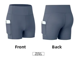 Detail view showing front and back of high-waisted fitness shorts with side pockets