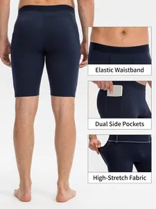 Men's navy compression shorts with elastic waistband and phone side pockets for running