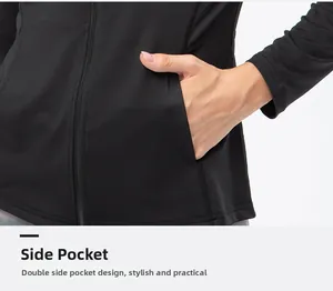 Detail of functional side pockets on black slim fit athletic jacket with zipper closure