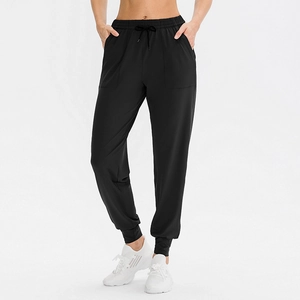 Pantaloni sportivi neri da donna a vita alta con coulisse per yoga e corsa fitness