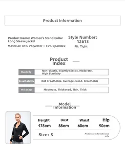 Size chart and fabric details for women's slim fit zip-up sports jacket with model data
