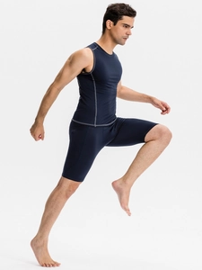 Men's navy quick-dry compression gym set with sleeveless top and fitness shorts