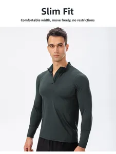 Detail of slim fit men's half-zip athletic shirt in dark green quick-dry fabric