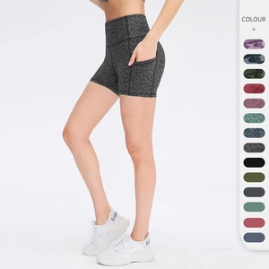 Women High Waist Camo Leopard Print Yoga Shorts Side Pockets Tummy Control Running Fitness Gym Tight Shorts Polyester