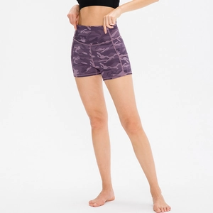 Women high waist yoga shorts with purple camo print for fitness and running gym workouts