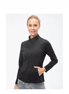 Detail of slim fit black sports jacket with stand collar and full-length front zipper
