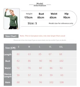 Size guide for women's long sleeve yoga top featuring model data and detailed measurements